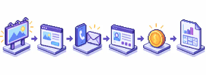 Схема пути клиента: реклама, сайт, звонок, CRM, оплата и отчёт соединены стрелками