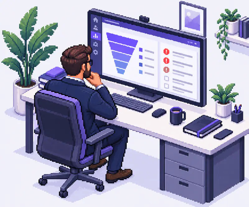 Руководитель отдела продаж смотрит на дашборд CRM с воронкой и просроченными задачами
