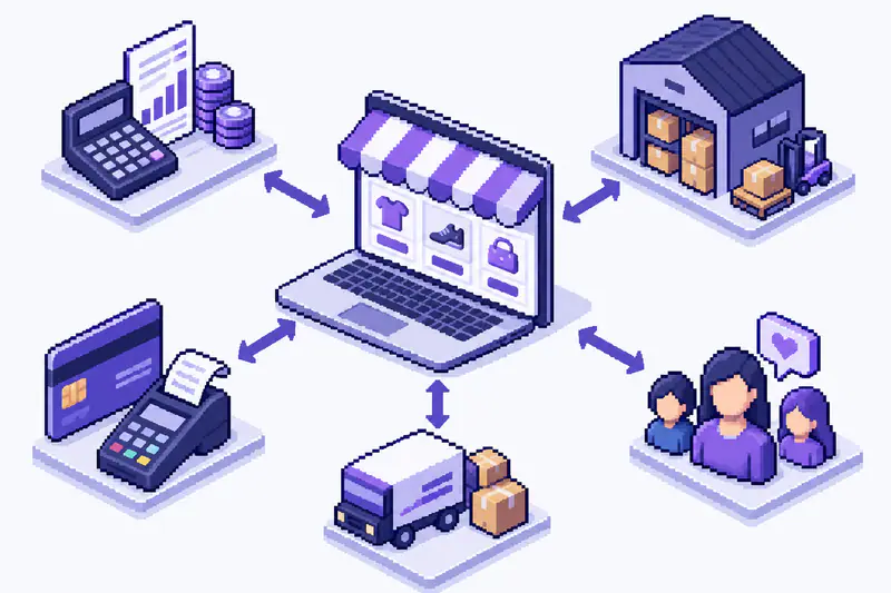 Схема: сайт магазина в центре, стрелки к 1С, складу, оплате, доставке и CRM