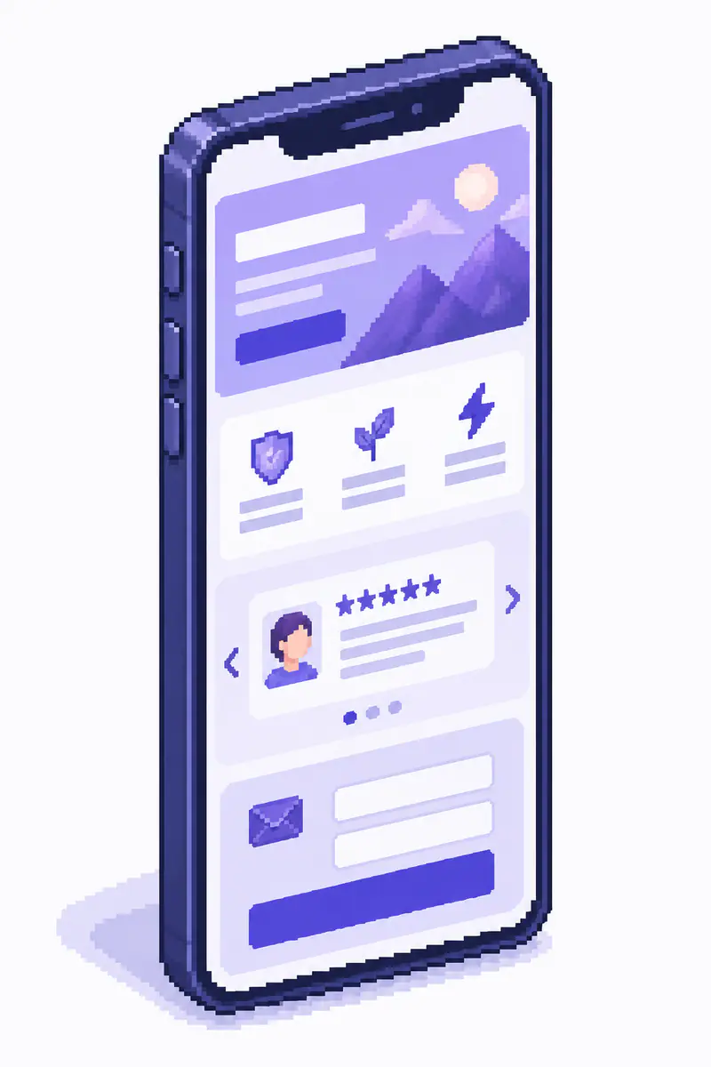 Вертикальная схема длинной страницы-лендинга на экране смартфона: блоки один под другим