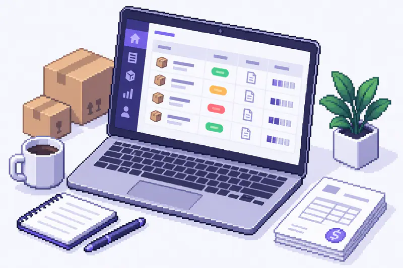 Интерфейс личного кабинета B2B-клиента на ноутбуке: заказы со статусами, счета, остатки