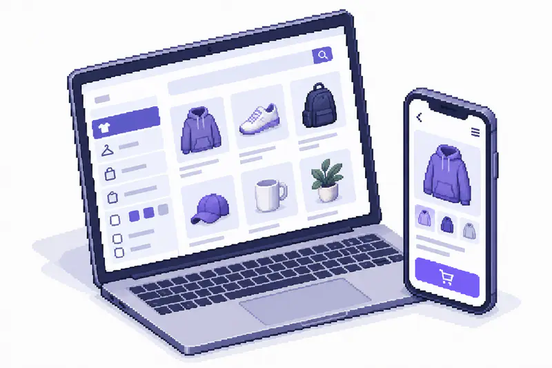 Интерфейс интернет-магазина на ноутбуке и смартфоне: каталог с фильтрами и карточка товара