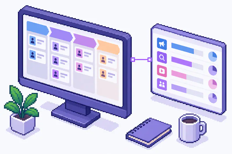 Экран CRM с воронкой сделок, рядом отчёт по рекламным каналам