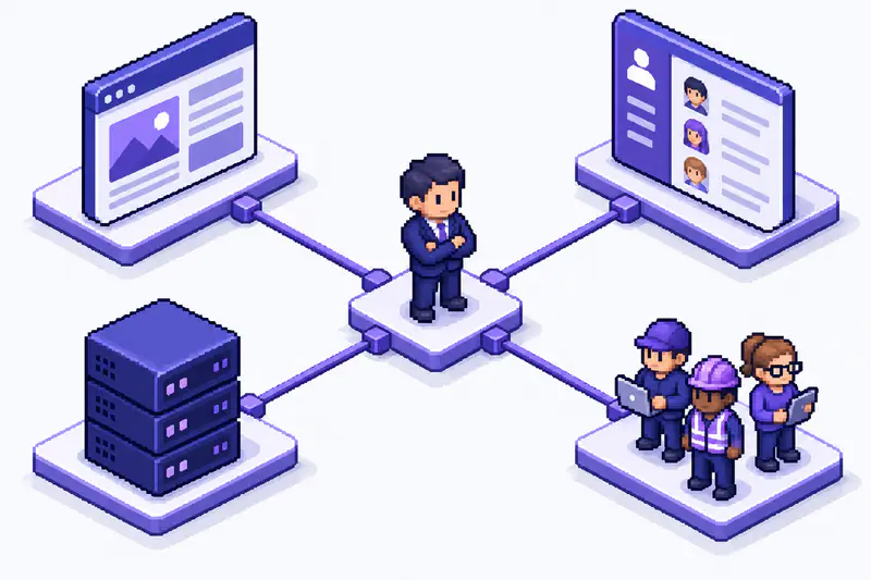 Схема компании: руководитель в центре, вокруг сайт, CRM, сервер и подрядчики