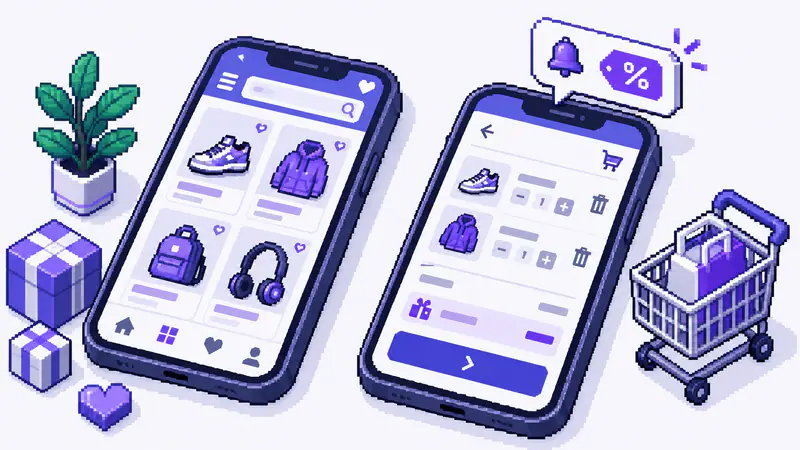 Два смартфона: каталог магазина и корзина с уведомлением о скидке