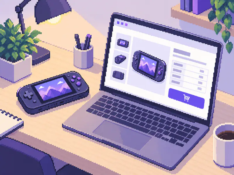Портативная игровая консоль рядом с витриной интернет-магазина на экране