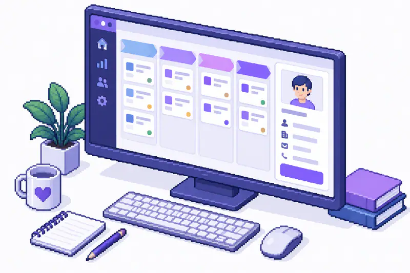Интерфейс CRM на мониторе: канбан-доска сделок по этапам и карточка клиента