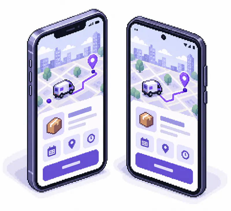 Два смартфона, iOS и Android, с одинаковым интерфейсом приложения доставки